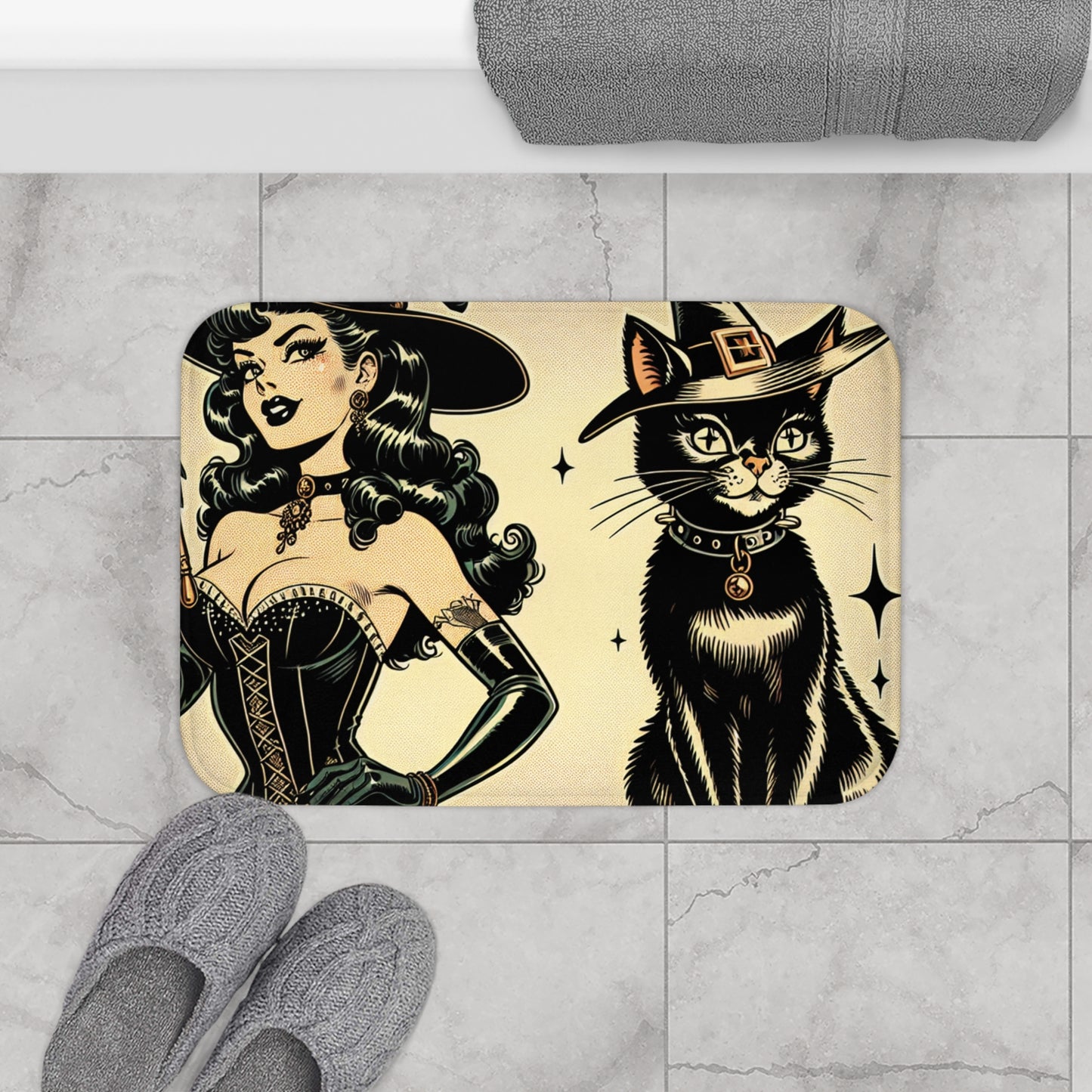 Bath Mat - Witch and Black Cat Design