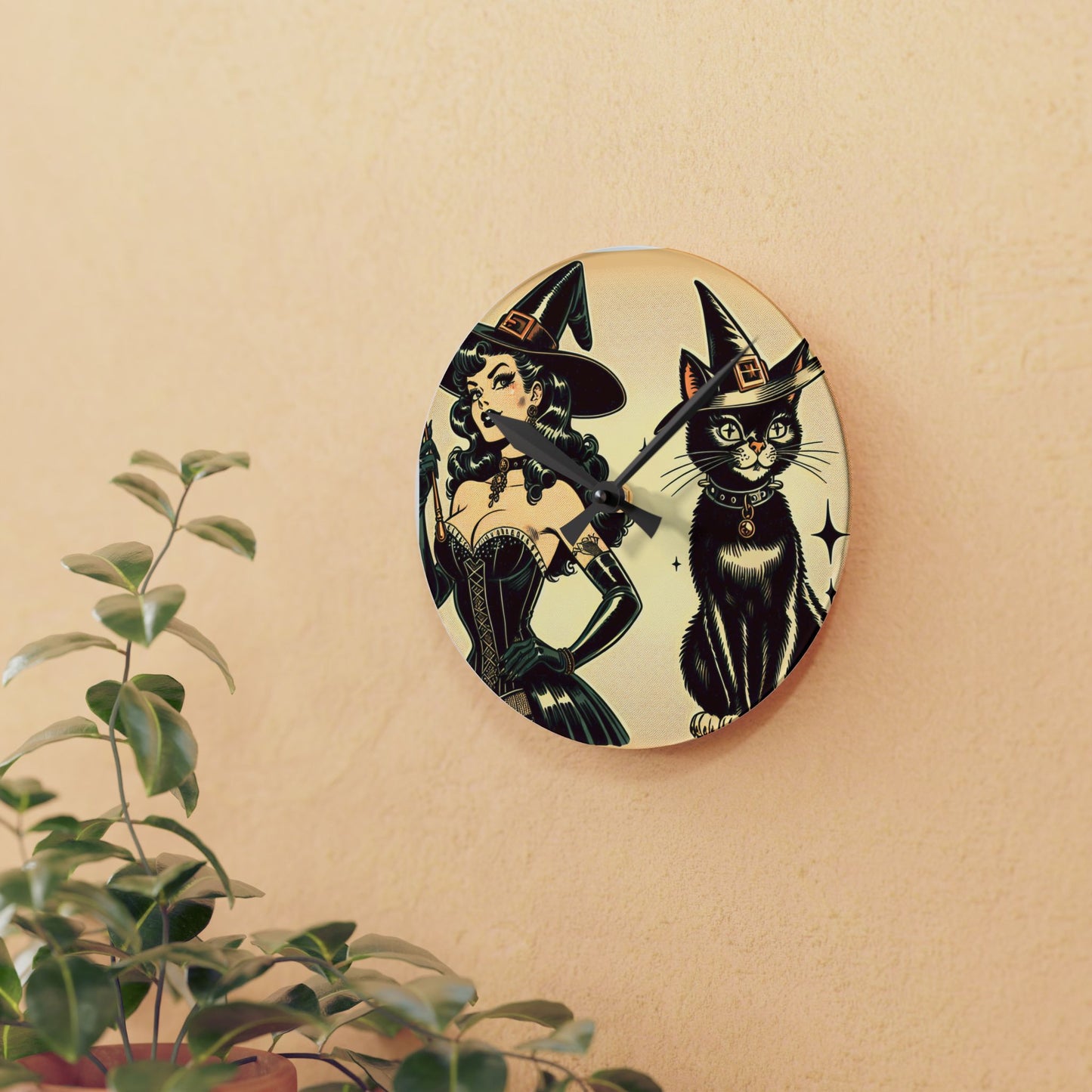 Witch and Black Cat Acrylic Wall Clock