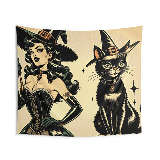 Witch and Black Cat Wall Tapestry