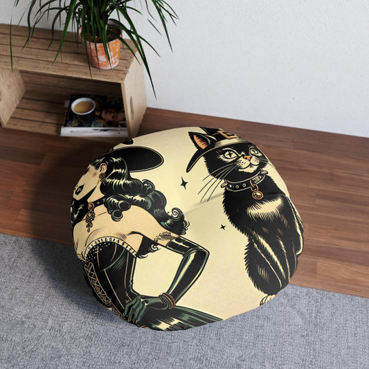 Round Floor Pillow - Witch with Black Cat Halloween Accent Piece