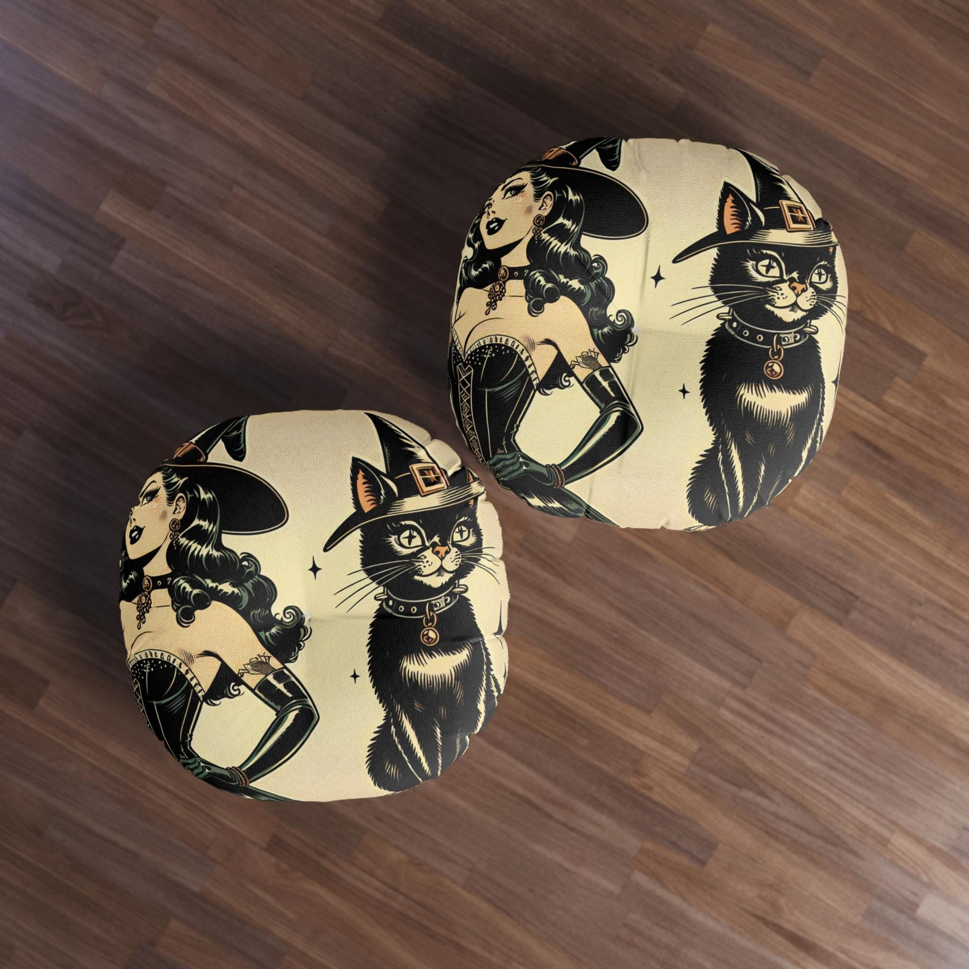 Round Floor Pillow - Witch with Black Cat Halloween Accent Piece