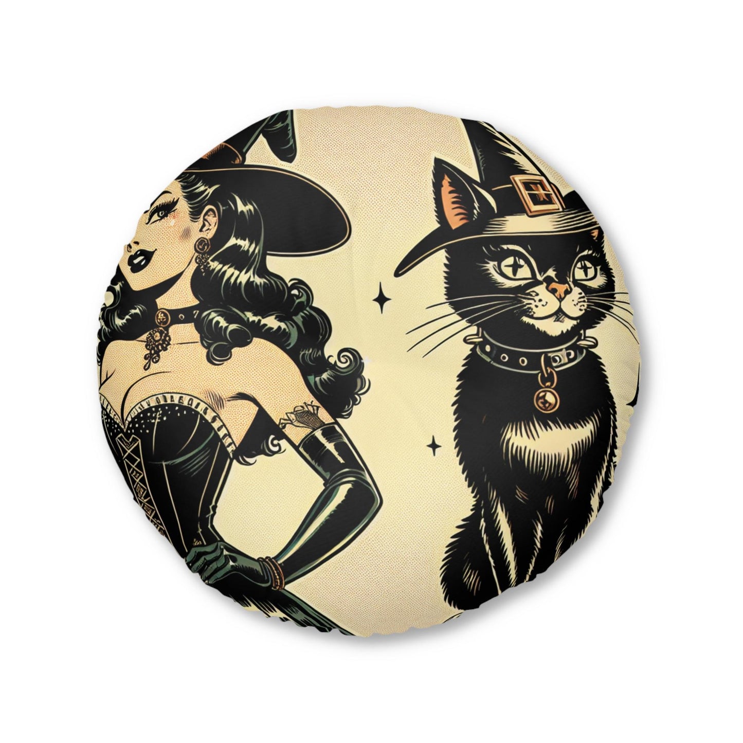 Round Floor Pillow - Witch with Black Cat Halloween Accent Piece