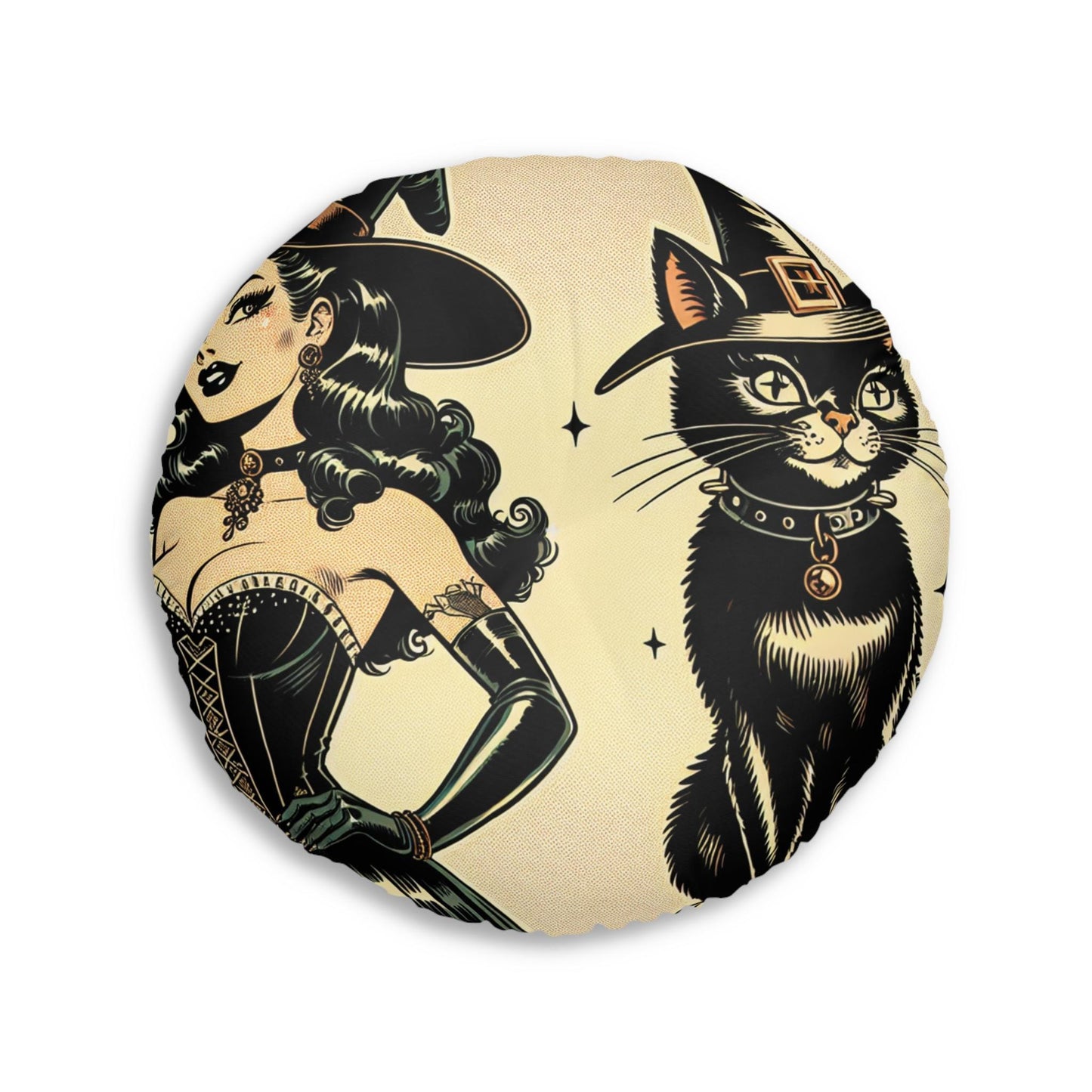 Round Floor Pillow - Witch with Black Cat Halloween Accent Piece